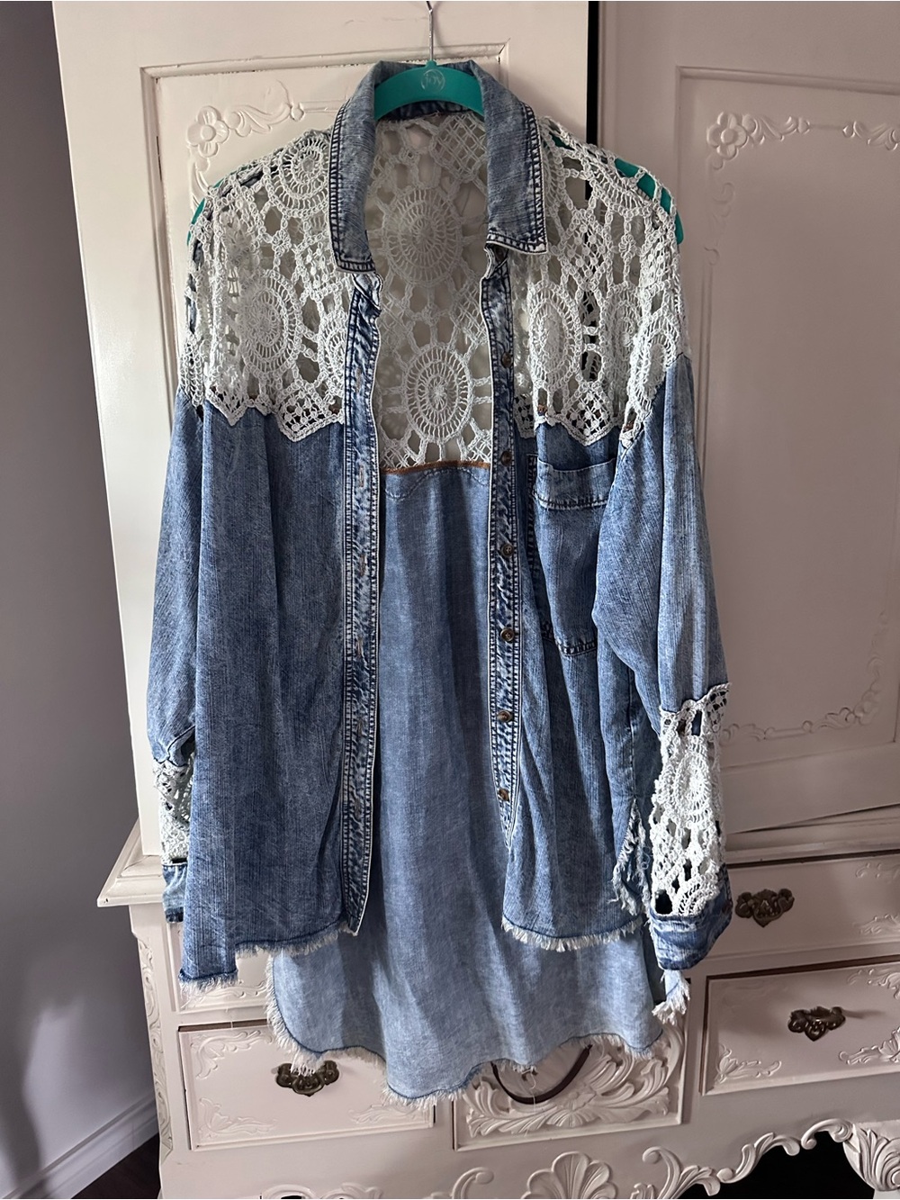 Women's Light Blue Denim Jacket with White Crochet Details